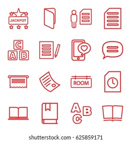 Text icons set. set of 16 text outline icons such as ABC cube, Jackpot, phone with heart, document, chat, room tag, book, ABC