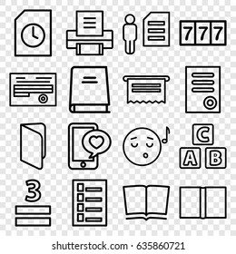 Text icons set. set of 16 text outline icons such as abc cube, document, 7 number, 3 allowed, phone with heart, book, printer, emoji listening music