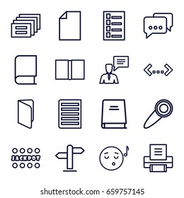 Text icons set. set of 16 text outline icons such as document, jackpot, man with chat bubblle, book, printer, door knob, direction, emoji listening music, paper, quotation