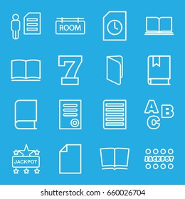 Text icons set. set of 16 text outline icons such as 7 number, jackpot, document, book, room tag, abc, paper