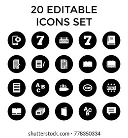 Text icons. set of 20 editable filled text icons such as 7 number, new, abc, document, book, phone with heart, message, chat. best quality text elements in trendy style.