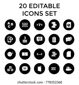 Text icons. set of 20 editable filled text icons such as jackpot, book, abc, paper, emoji listening music, 3 allowed. best quality text elements in trendy style.