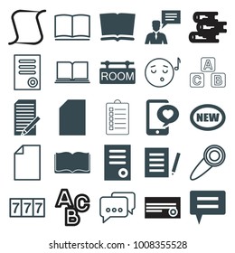 Text icons. set of 25 editable filled and outline text icons such as document, new, book, paper, phone with heart, man with chat bubblle, chat, room tag, 7 number