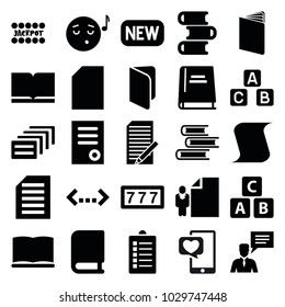 Text icons. set of 25 editable filled text icons such as abc cube, 7 number, document, book, paper, emoji listening music, man with chat bubblle, quotation, jackpot, new