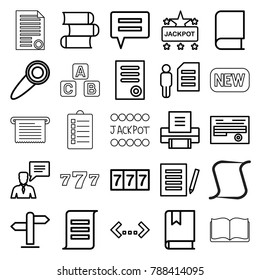 Text icons. set of 25 editable outline text icons such as 7 number, jackpot, document, book, man and document, man with chat bubblle, chat, quotation, printer, door knob