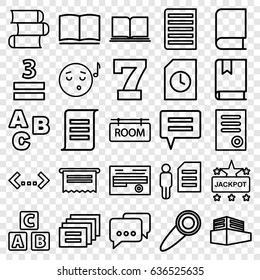 Text icons set. set of 25 text outline icons such as abc cube, 7 number, jackpot, document, 3 allowed, documents box, book, room tag, door knob, emoji listening music, abc