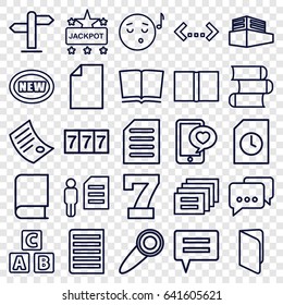 Text icons set. set of 25 text outline icons such as abc cube, 7 number, jackpot, phone with heart, document, documents box, book, door knob, direction, emoji listening music