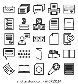 Text icons set. set of 25 text outline icons such as abc cube, document, 7 number, jackpot, 3 allowed, phone with heart, man with chat bubblle, documents box, room tag, book