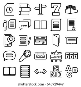 Text icons set. set of 25 text outline icons such as abc cube, 7 number, jackpot, document, phone with heart, documents box, book, chat, room tag, door knob, direction, abc