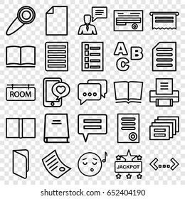 Text icons set. set of 25 text outline icons such as document, jackpot, phone with heart, man with chat bubblle, book, room tag, printer, door knob, emoji listening music, abc