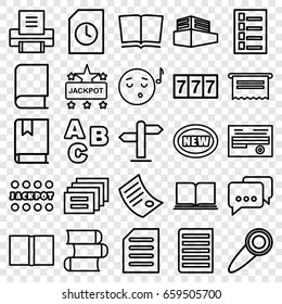 Text icons set. set of 25 text outline icons such as document, 7 number, jackpot, documents box, book, printer, door knob, direction, emoji listening music, new, abc