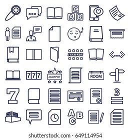 Text icons set. set of 36 text outline icons such as abc cube, 7 number, jackpot, document, 3 allowed, phone with heart, man with chat bubblle, documents box, book, room tag