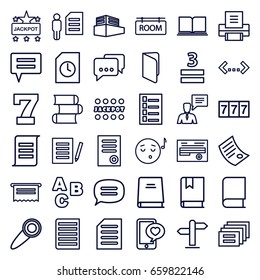 Text icons set. set of 36 text outline icons such as document, 7 number, jackpot, 3 allowed, phone with heart, man with chat bubble, documents box, chat, room tag, book