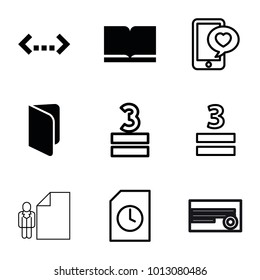 Text icons. set of 9 editable filled and outline text icons such as book, quotation, 3 allowed, phone with heart, document