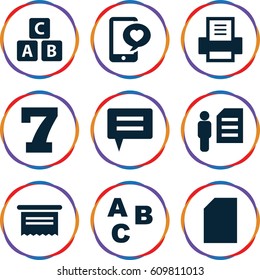 Text icons set. set of 9 text filled icons such as ABC cube, 7 number, phone with heart, printer, man and document, ABC, paper, document