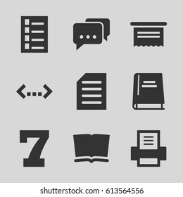 Text icons set. set of 9 text filled icons such as document, 7 number, book, printer, message