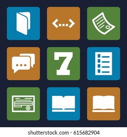 Text icons set. set of 9 text filled icons such as document, 7 number, book, message