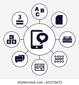 Text icons set. set of 9 text filled icons such as ABC cube, Jackpot, 3 allowed, document, phone with heart, room tag, message, ABC