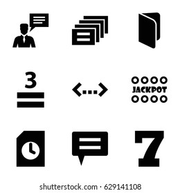 Text icons set. set of 9 text filled icons such as 7 number, Jackpot, 3 allowed, man with chat bubblle, message, book, document, chat