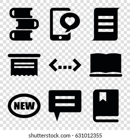Text icons set. set of 9 text filled icons such as phone with heart, book, new, document, chat
