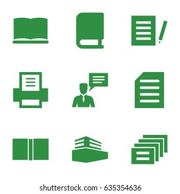 Text icons set. set of 9 text filled icons such as man with chat bubblle, document, documents box, book, printer