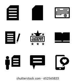Text icons set. set of 9 text filled icons such as jackpot, document, phone with heart, man and document, book, paper