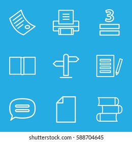 text icons set. Set of 9 text outline icons such as 3 allowed, chat, book, printer, document, direction