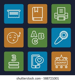 text icons set. Set of 9 text outline icons such as Jackpot, 3 allowed, phone with heart, printer, door knob, book, emoji listening music, document