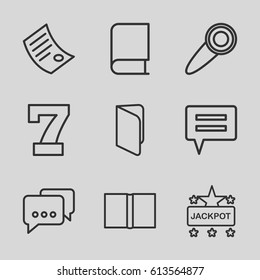 Text icons set. set of 9 text outline icons such as 7 number, Jackpot, book, door knob, document, chat