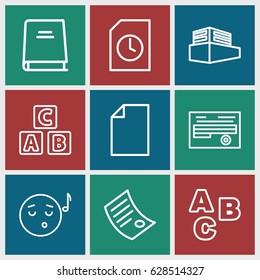 Text icons set. set of 9 text outline icons such as ABC cube, document, documents box, book, emoji listening music, ABC