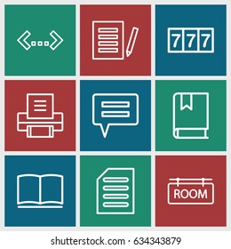 Text icons set. set of 9 text outline icons such as 7 number, document, book, room tag, printer, chat