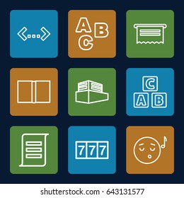 Text icons set. set of 9 text outline icons such as abc cube, 7 number, documents box, book, emoji listening music, document, abc