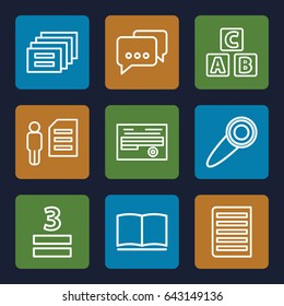 Text icons set. set of 9 text outline icons such as abc cube, 3 allowed, document, book, door knob, man and document