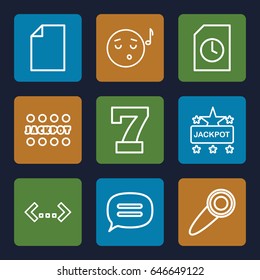 Text icons set. set of 9 text outline icons such as 7 number, jackpot, chat, door knob, emoji listening music, paper, document