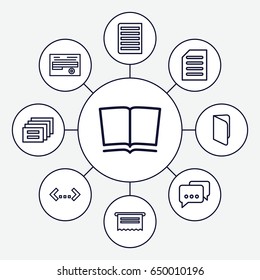 Text icons set. set of 9 text outline icons such as document, book, quotation