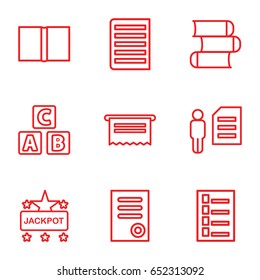 Text icons set. set of 9 text outline icons such as abc cube, document, jackpot, book