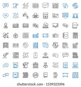 text icons set. Collection of text with book, bookshelf, no chatting, books, conversation, html, bubble, reading, night club, literature, chat. Editable and scalable text icons.