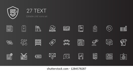 text icons set. Collection of text with chat, book, message, tag, id card, newspaper, bookshelf, bubbles, open book, literature, books, library. Editable and scalable text icons.