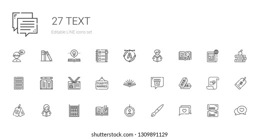 text icons set. Collection of text with chat, fountain pen, best seller, open book, bookshelf, reading, price tag, tags, just married, id card. Editable and scalable text icons.
