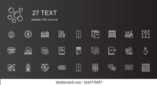 text icons set. Collection of text with chat, ereader, tag, font, id card, voice, book, open book, speech bubble, bookshelf, books, fountain pen. Editable and scalable text icons.