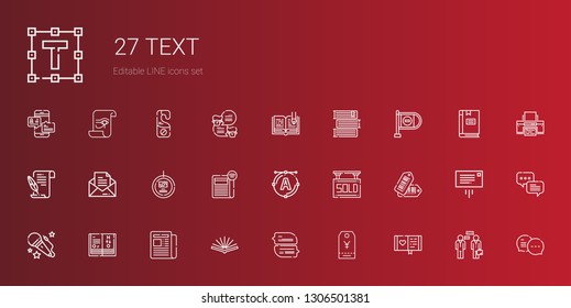text icons set. Collection of text with diary, tag, chat, open book, newspaper, science book, voice, tags, sold, font, message, literature, wrong way. Editable and scalable text icons.