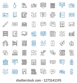 text icons set. Collection of text with door hanger, chat, quotes, books, book, newspaper, bubbles, id card, diary, bookshelf, message, night club. Editable and scalable text icons.
