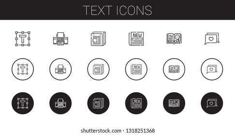 text icons set. Collection of text with text formatting, printer, newspaper, open book, chat. Editable and scalable icons.