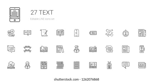 text icons set. Collection of text with id card, science book, bookcase, books, bookshelf, reading, open book, chat, bubble, tag, newspaper. Editable and scalable text icons.