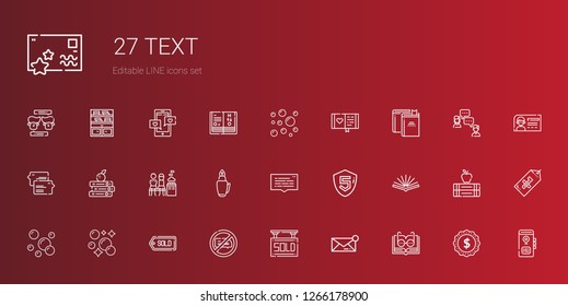text icons set. Collection of text with open book, message, sold, no chatting, tag, bubbles, html, speech bubble, fountain pen, men only, books. Editable and scalable text icons.