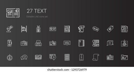text icons set. Collection of text with paper, tag, bookcase, chat, open book, best seller, books, book, speech bubble, id card, printer, literature. Editable and scalable text icons.