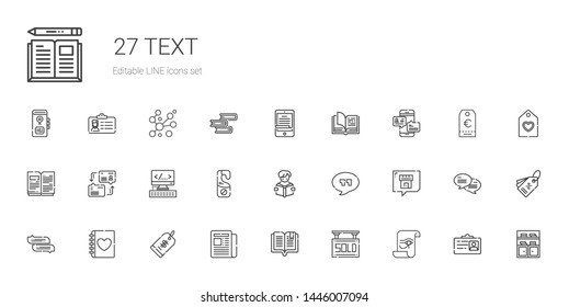 text icons set. Collection of text with paper, sold, book, newspaper, price tag, diary, chat, quotes, reading, door hanger, html, dialogue, open book. Editable and scalable text icons.