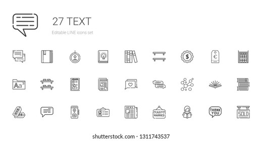 text icons set. Collection of text with reading, just married, newspaper, id card, book, message, tags, bubbles, chat, checklist, bookshelf. Editable and scalable text icons.