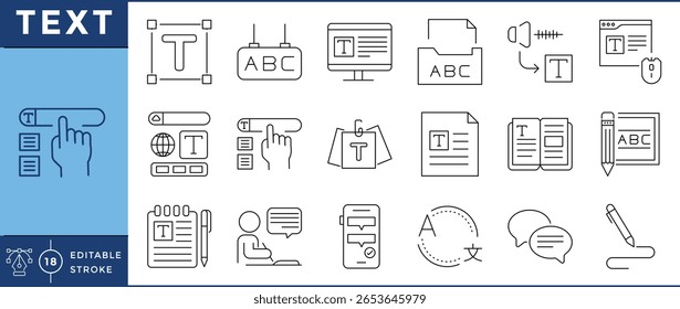 Conjunto de iconos de texto. Editor de texto, fuente, escritura, chat, documentos, compilación y muchos más. Vector de trazo editable.