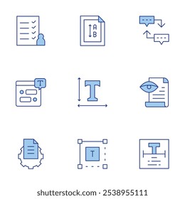 Ícones de texto definidos. Estilo Duotônico de linha, traço editável. leitura de prova, sequência, texto, caixa de texto, vertical, caixa de chat, arquivo, lista de convidados.